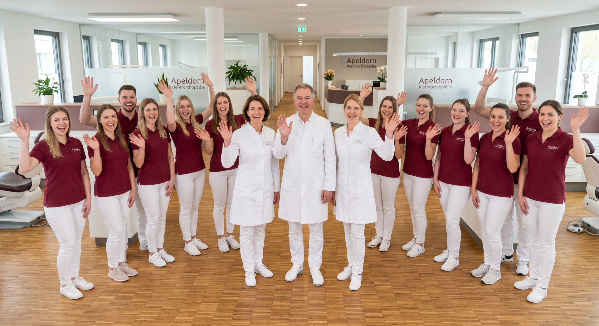Team der Apeldorn Kieferorthopädie winkt zur Begrüßung